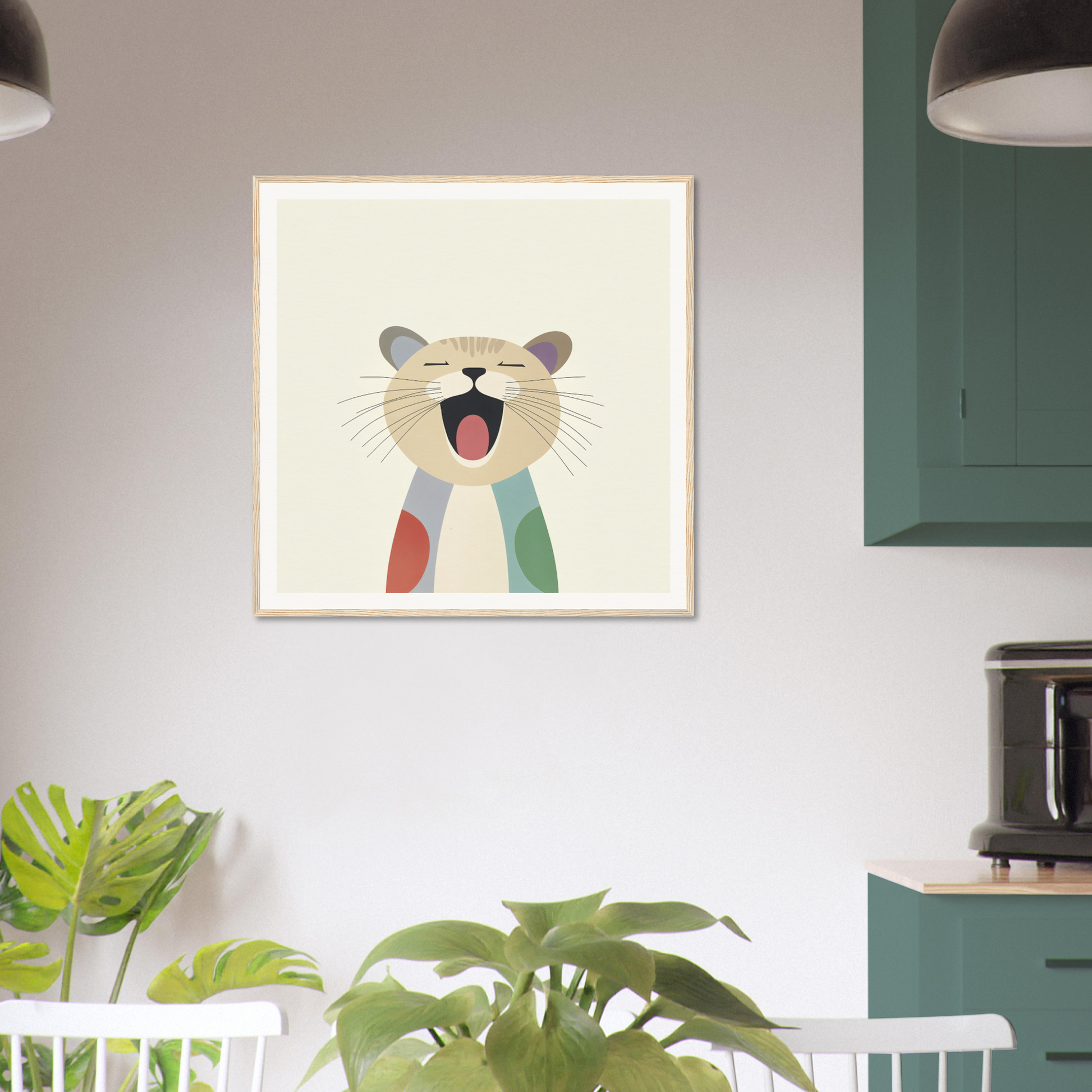 Framed cartoon illustration of a happy cat in a colorful scarf for Majestic Feline Viva