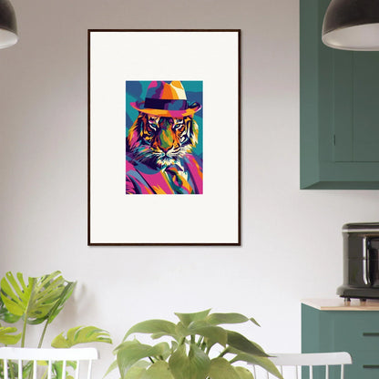 Colorful pop art tiger in fedora for room decor and framed wall art, Enigma Dissolve