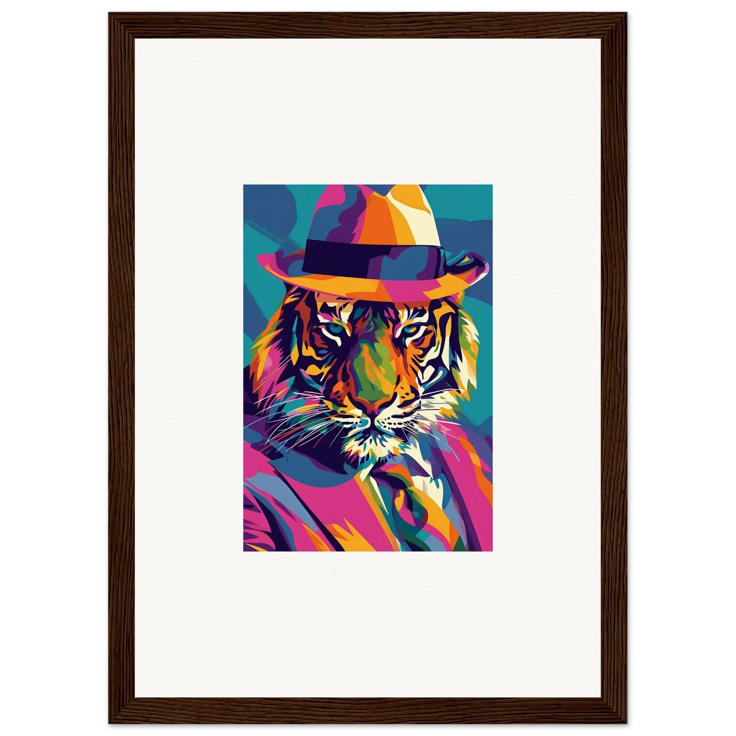 Colorful pop art tiger in fedora for enigma dissolve room decor framed wall art