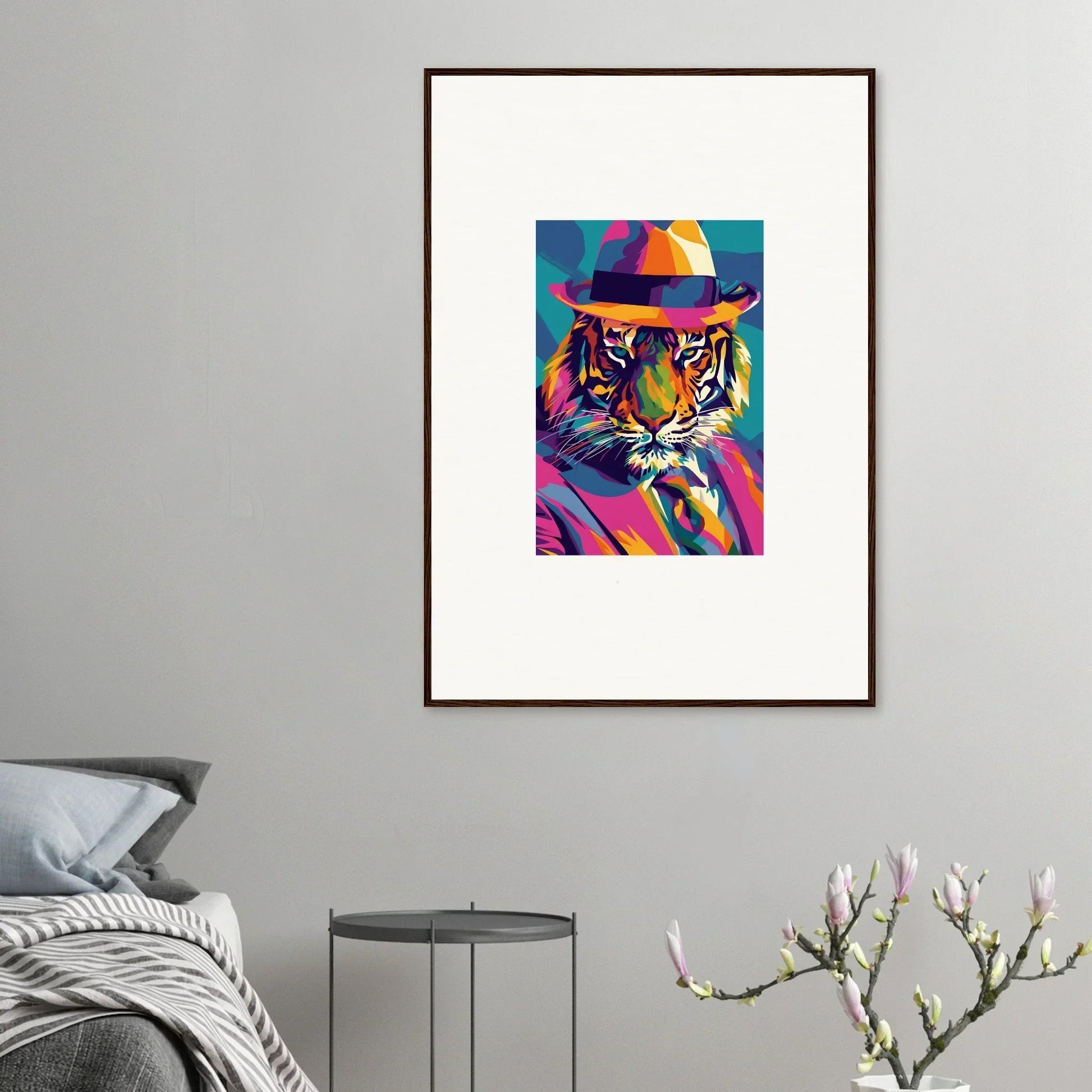 Colorful pop art tiger portrait hat room decor framed wall art Enigma Dissolve