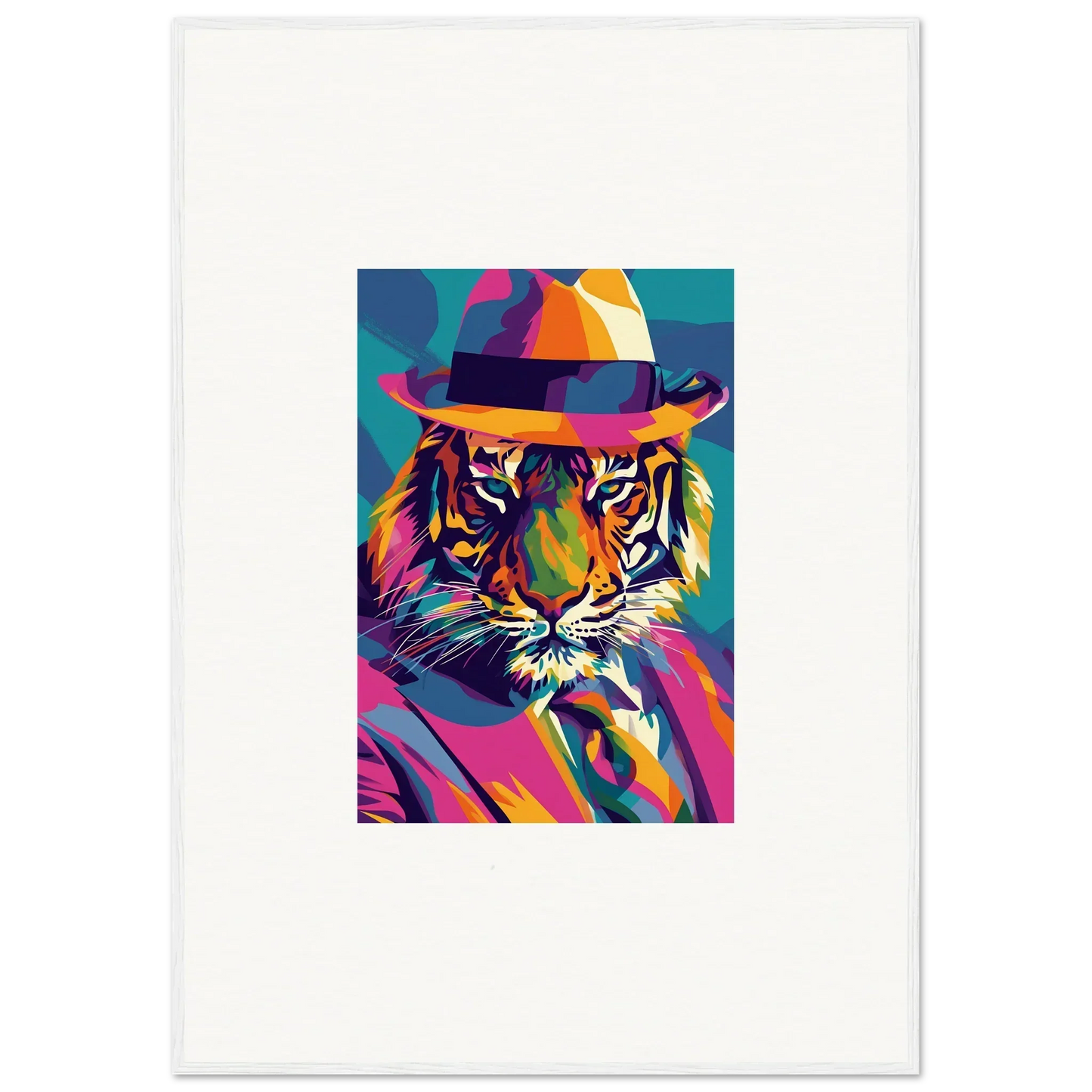 Colorful pop art tiger in a fedora for stylish room decor and framed wall art