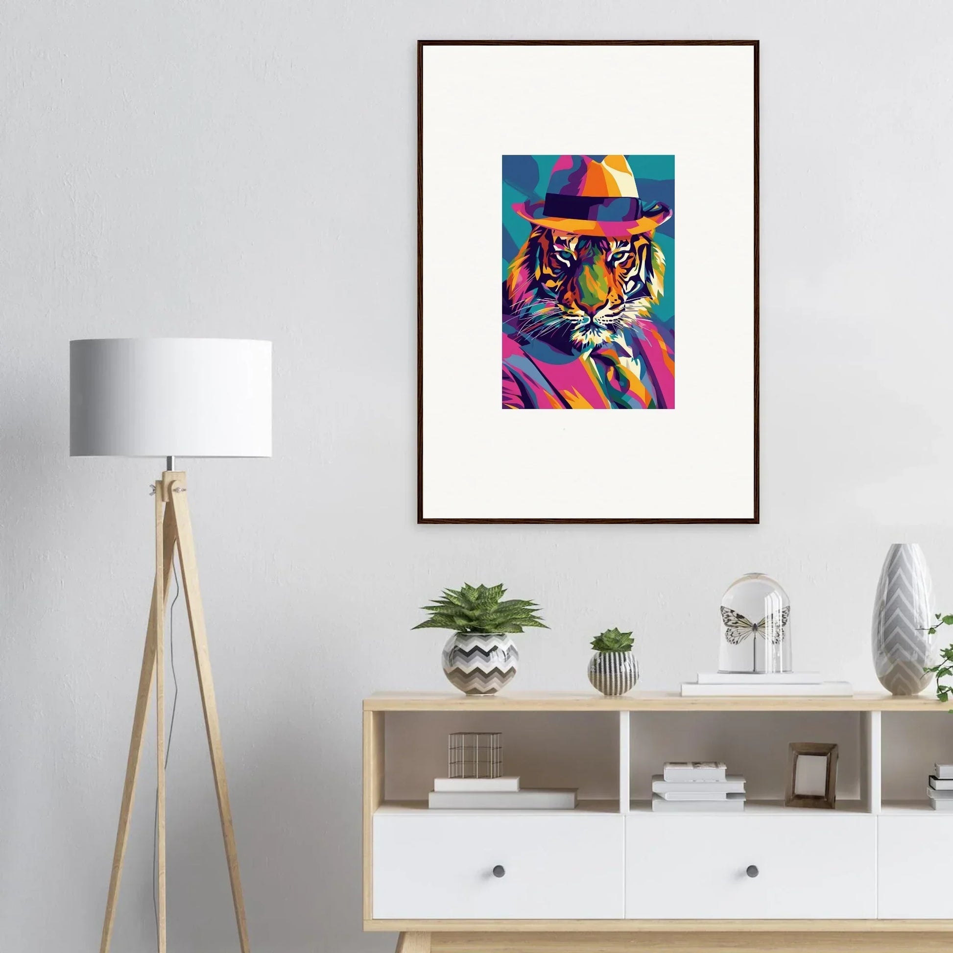 Colorful pop art tiger in fedora hat, perfect for room decor or framed wall art