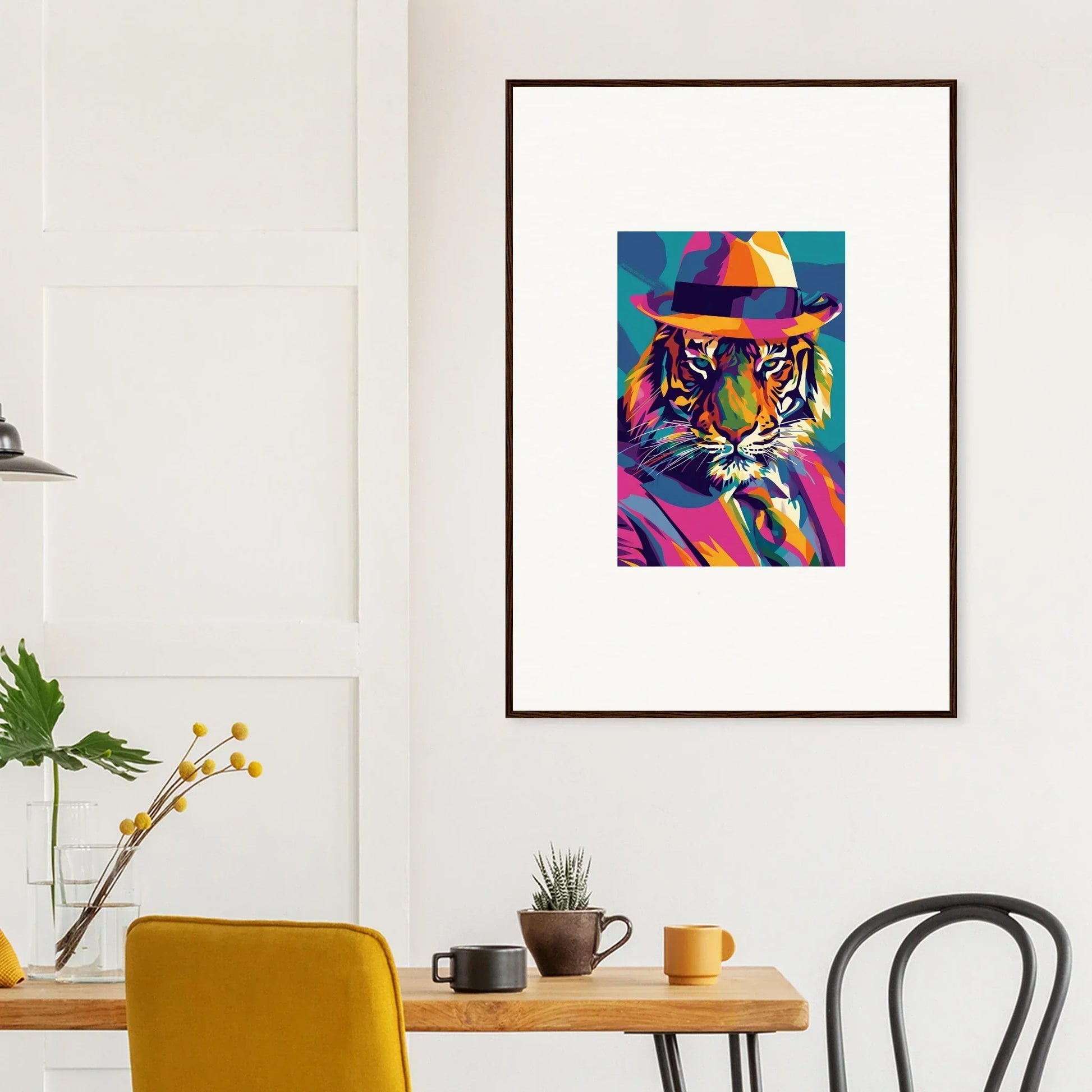 Colorful pop art-style tiger portrait with fedora for enigma dissolve room decor