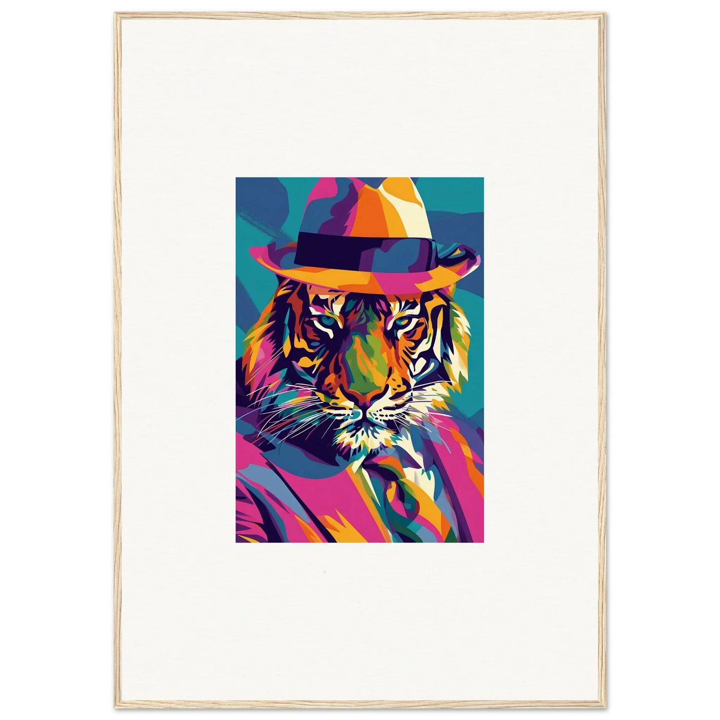 Colorful pop art tiger in a fedora for stunning room decor and Enigma Dissolve art