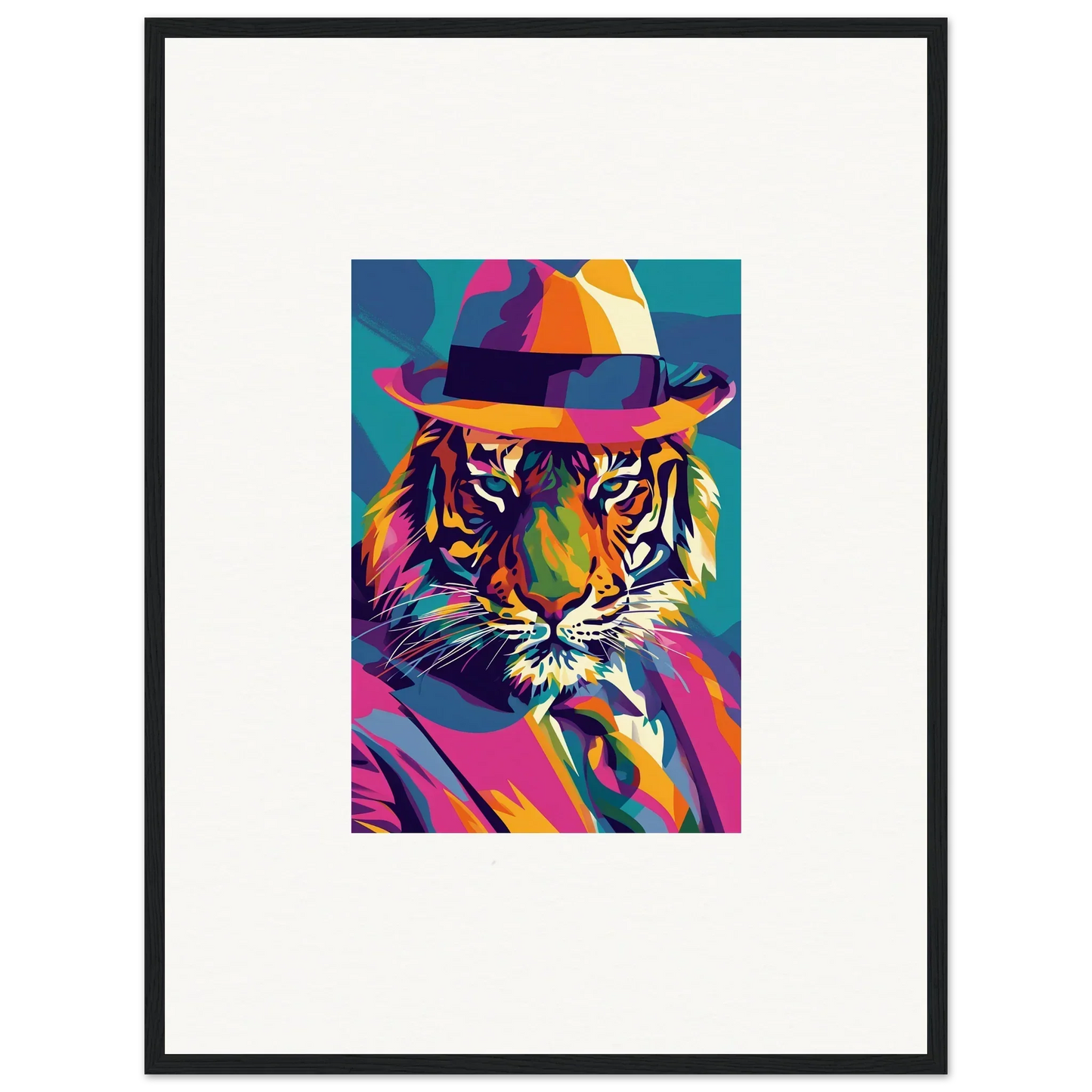 Colorful pop art tiger with fedora hat, ideal for enigma dissolve room decor