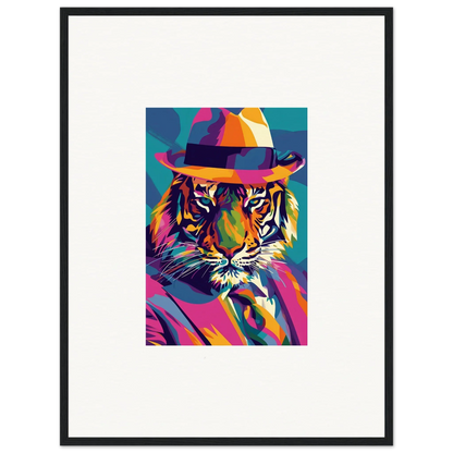 Colorful pop art tiger with fedora hat, ideal for enigma dissolve room decor