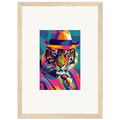 Colorful pop art tiger in fedora hat for Enigma Dissolve framed wall art decor