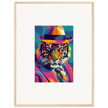 Colorful pop art tiger wearing a fedora hat for Enigma Dissolve room decor