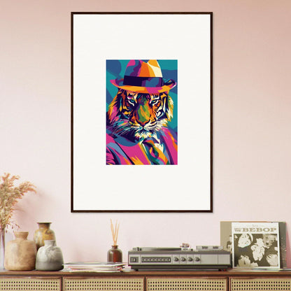 Framed colorful pop art tiger in a fedora for stylish room decor, Enigma Dissolve