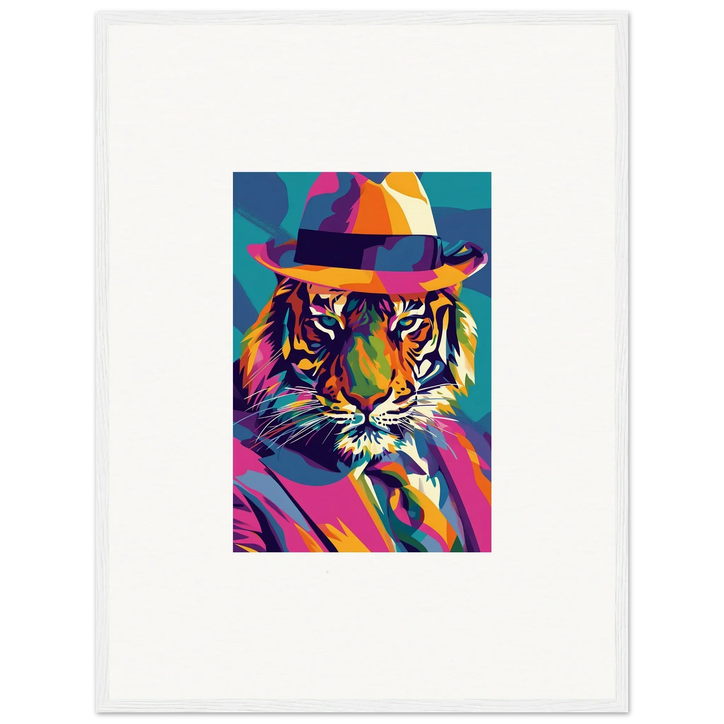 Colorful pop art tiger in a fedora, perfect for enigma dissolve room decor