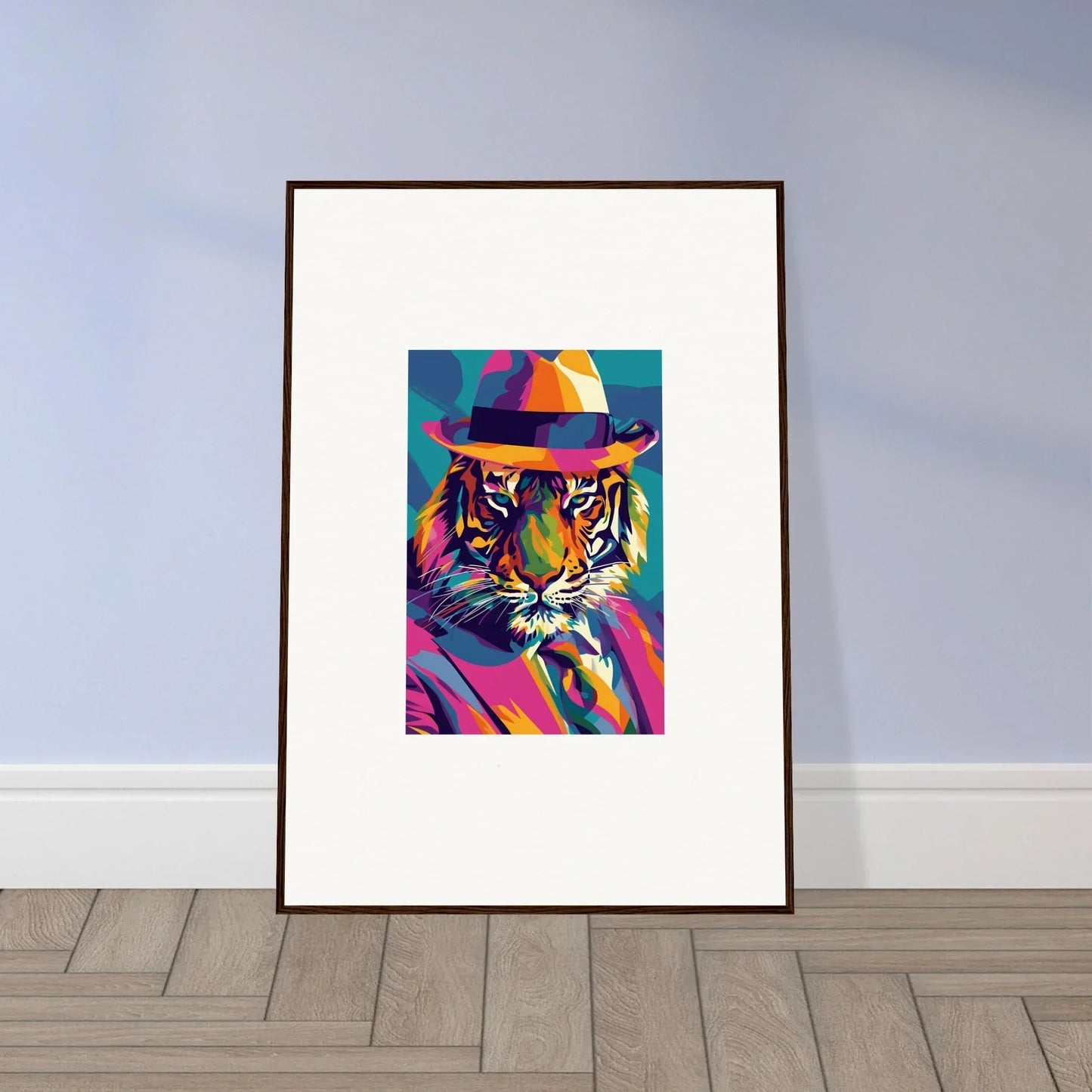 Framed pop art portrait of a tiger in a fedora, ideal for room decor and Enigma Dissolve