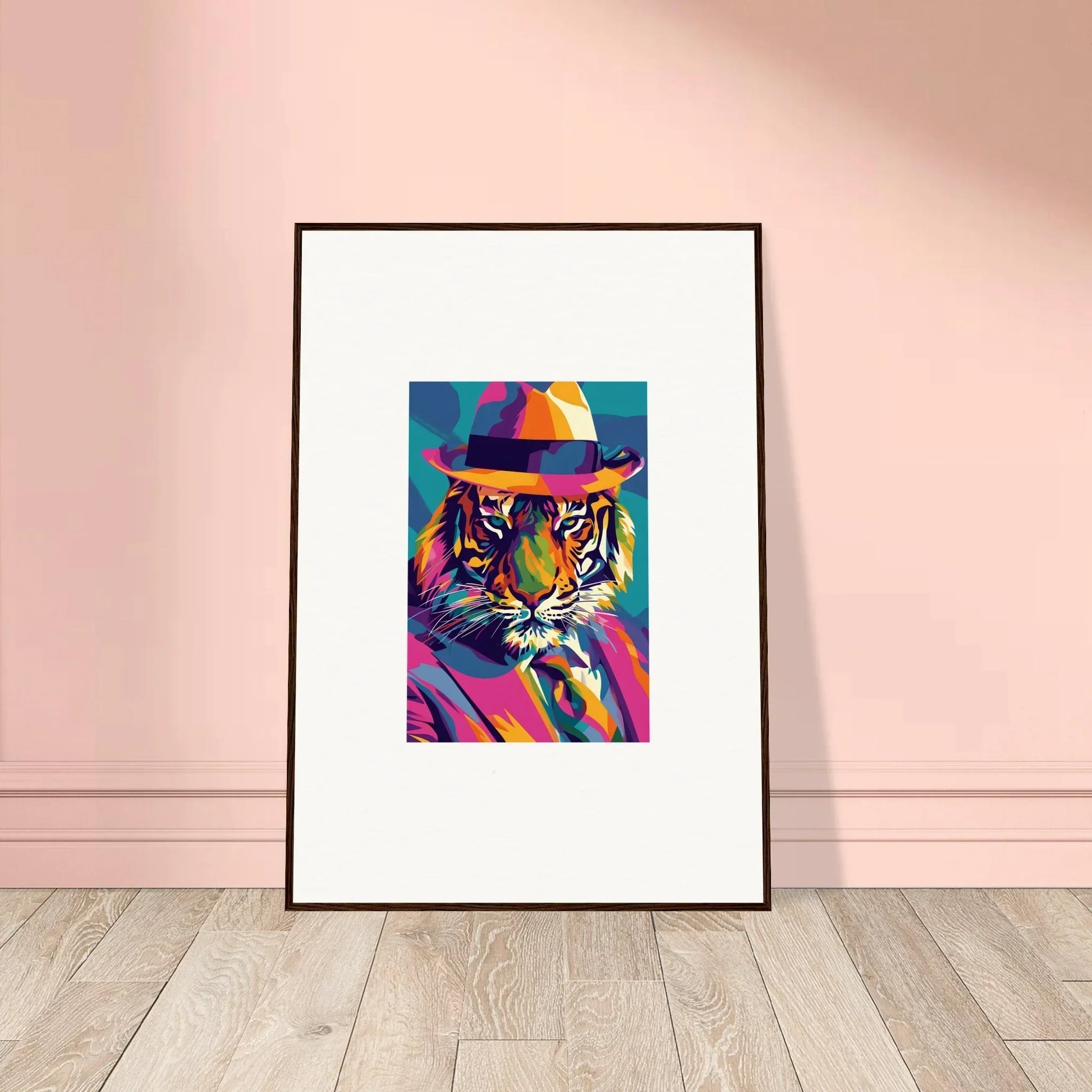 Colorful pop art tiger in fedora hat for Enigma Dissolve framed wall art decor