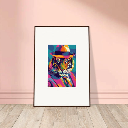 Colorful pop art tiger in fedora hat for Enigma Dissolve framed wall art decor