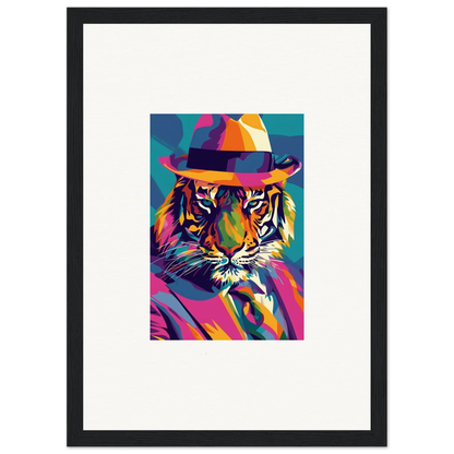 Colorful pop art-style tiger portrait with fedora hat for Enigma Dissolve room decor