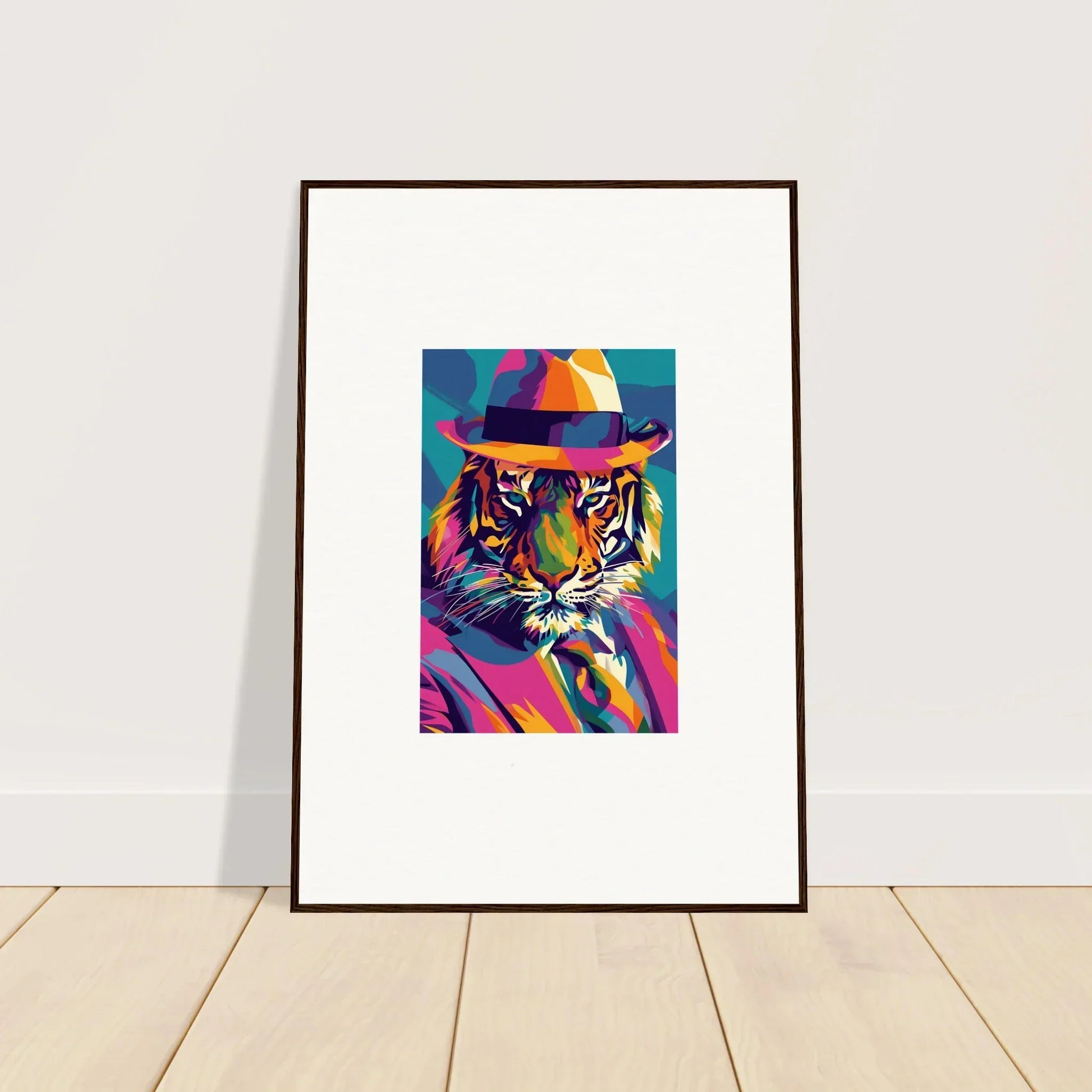 Colorful pop art-style tiger in a fedora for Enigma Dissolve room decor