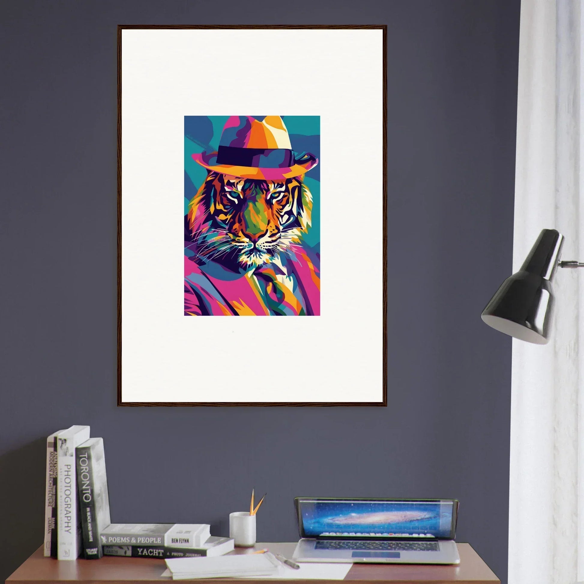 Colorful pop art tiger in fedora, perfect for Enigma Dissolve room decor or framed wall art