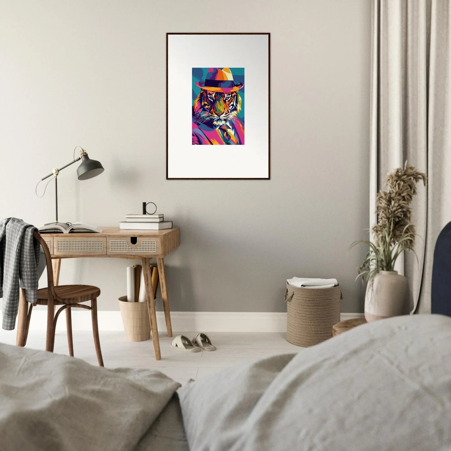 Colorful pop art tiger portrait hat framed wall art for stylish room decor Enigma Dissolve