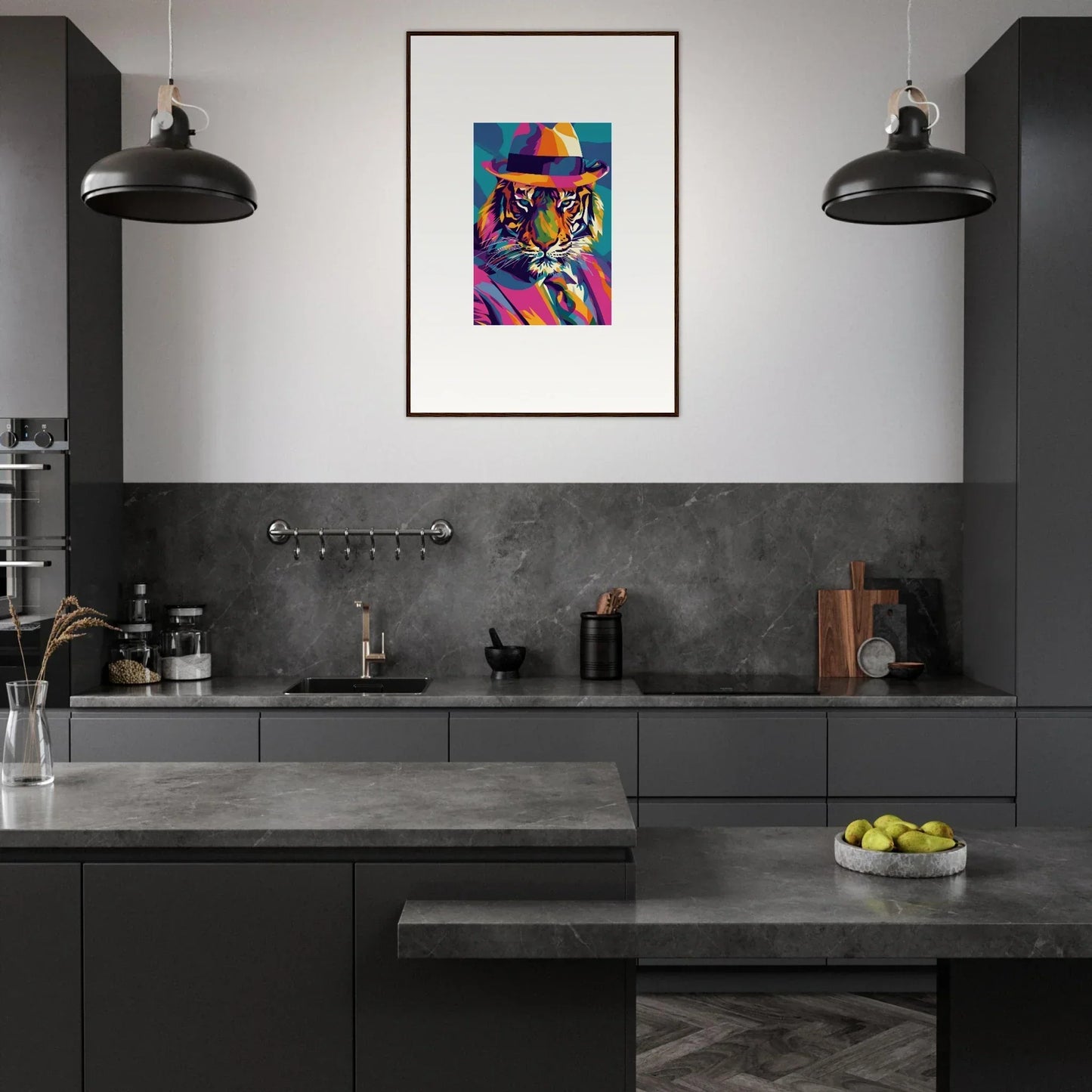 Modern kitchen featuring dark cabinetry and colorful framed wall art for room decor