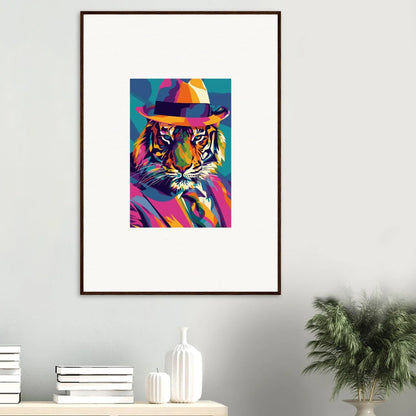 Colorful pop art tiger in a fedora for enigma dissolve themed room decor wall art