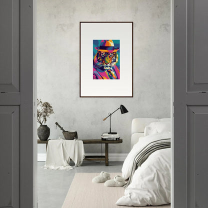 Colorful pop art-style tiger portrait, framed wall art for stylish room decor, Enigma Dissolve