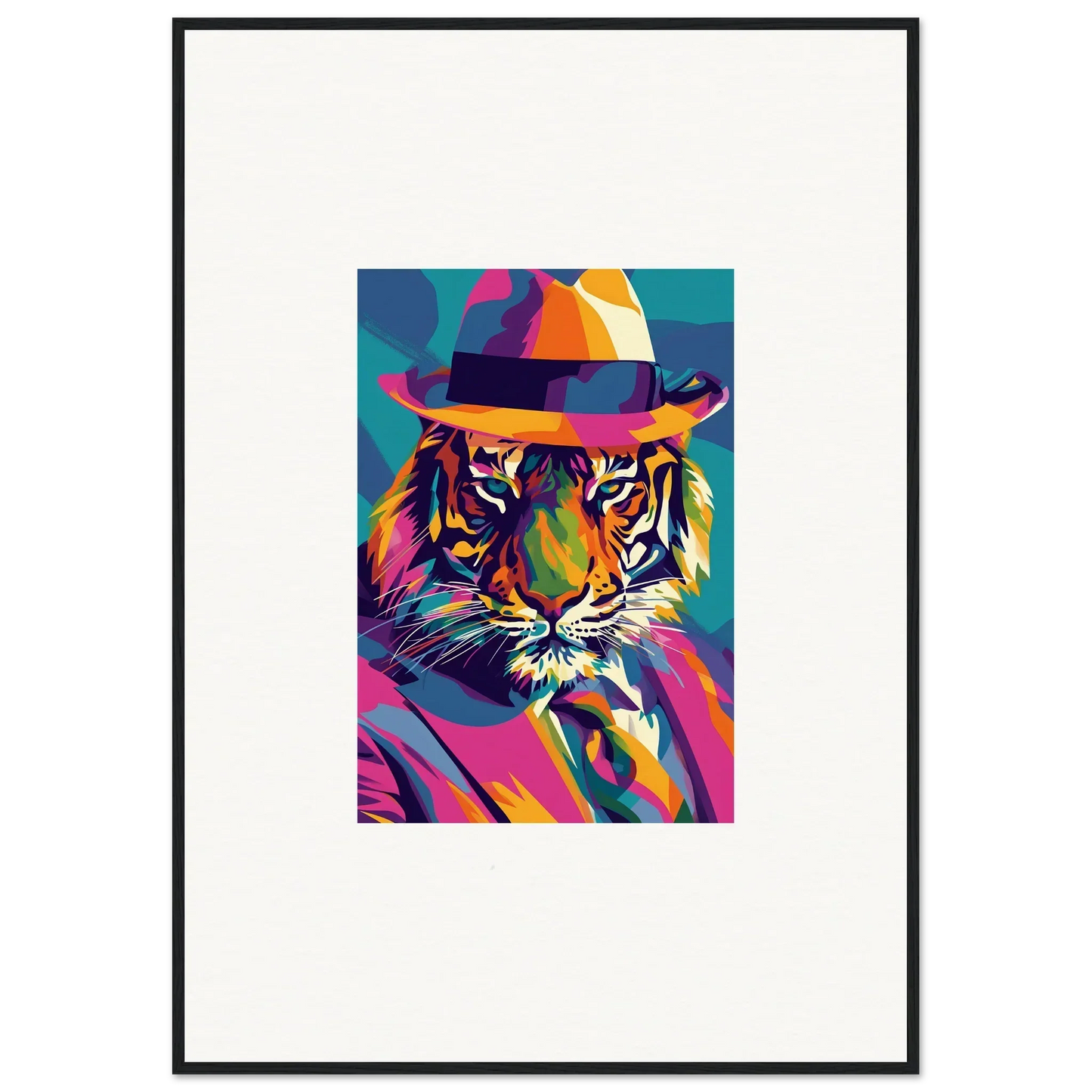 Colorful pop art tiger in fedora for enigma dissolve framed wall art room decor