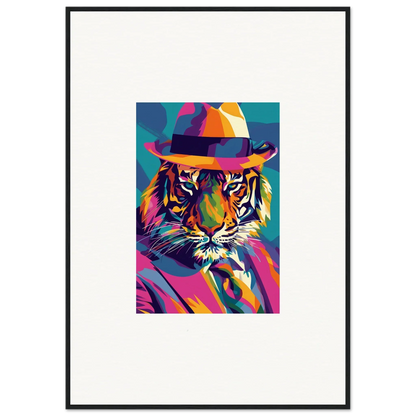 Colorful pop art tiger in fedora for enigma dissolve framed wall art room decor