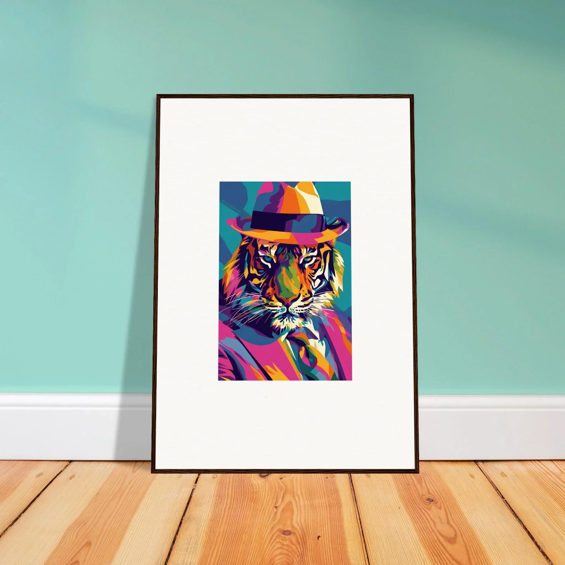 Framed wall art of a colorful pop art tiger hat design for unique room decor