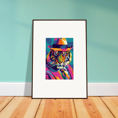 Framed wall art of a colorful pop art tiger hat design for unique room decor