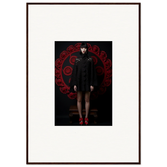 Figure in black coat and red shoes in Majeur Septembre Reverie against a dark backdrop