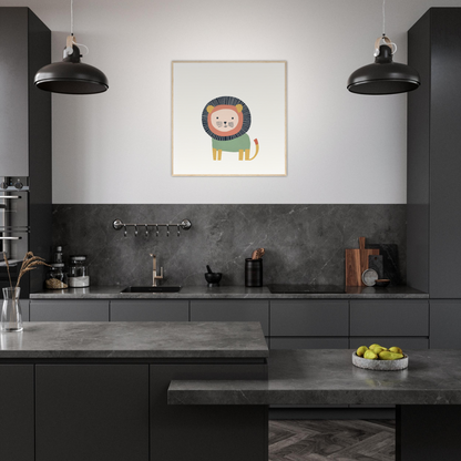 Modern dark gray kitchen featuring Mane Melody Whimsy lion artwork as the focal point