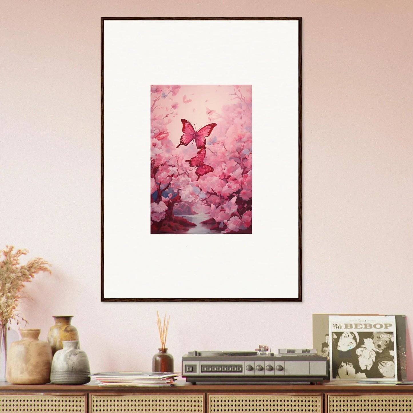 Framed canvas print of pink butterflies in cherry blossoms for spring euphoria room decoration