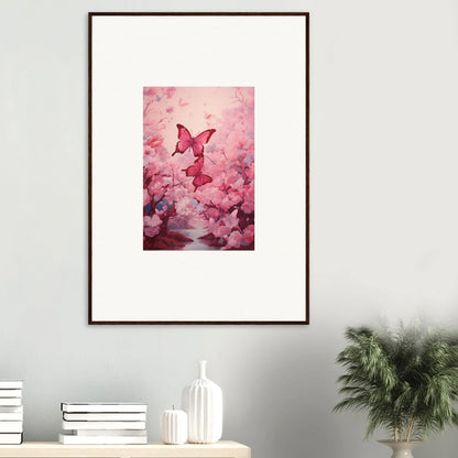 Framed canvas print of a pink butterfly in cherry blossoms for spring euphoria room decoration