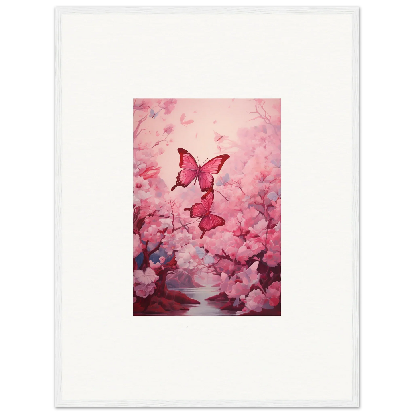 Framed canvas print of pink butterflies and cherry blossoms for spring euphoria room decoration