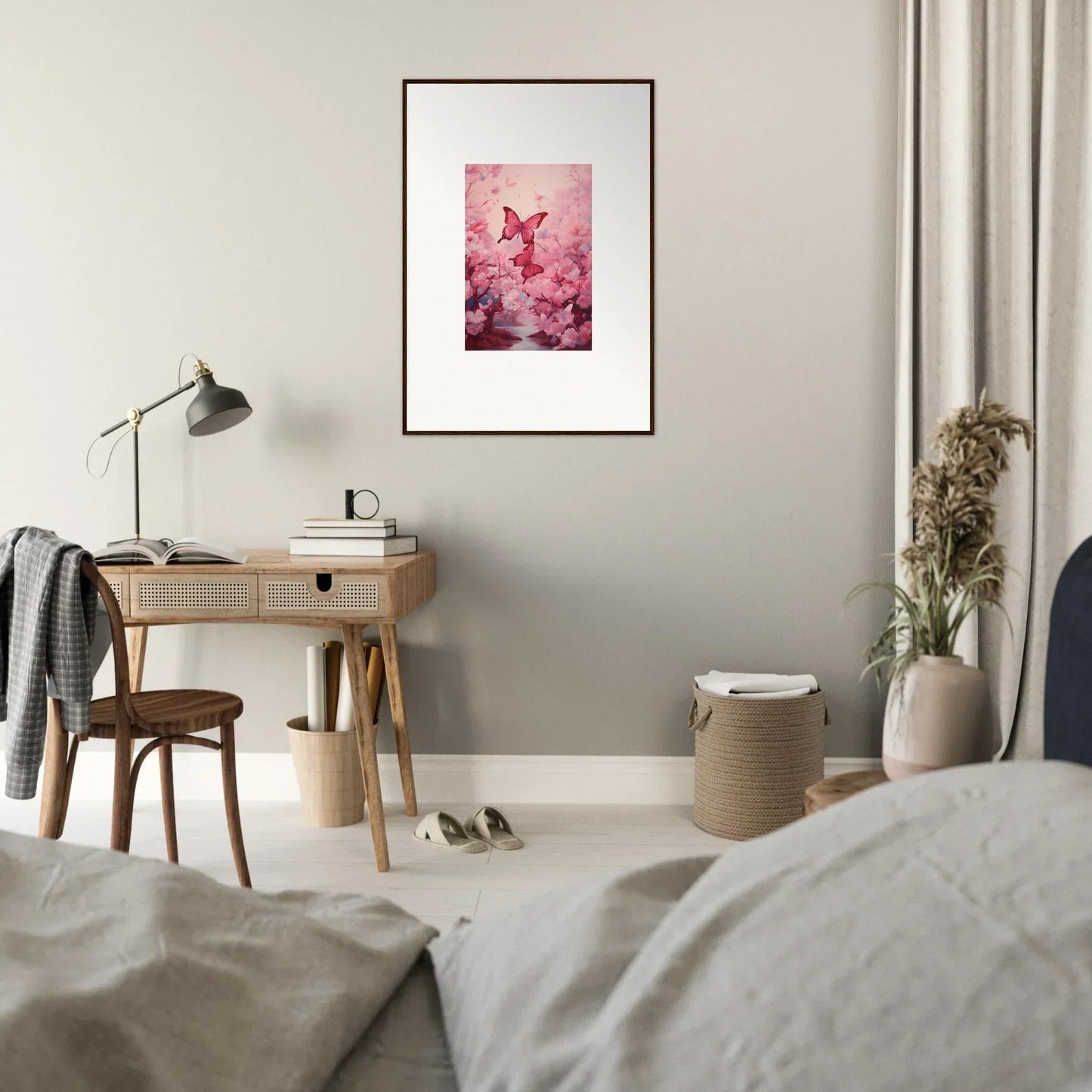 Framed canvas print of a pink butterfly and cherry blossoms for spring euphoria room decoration