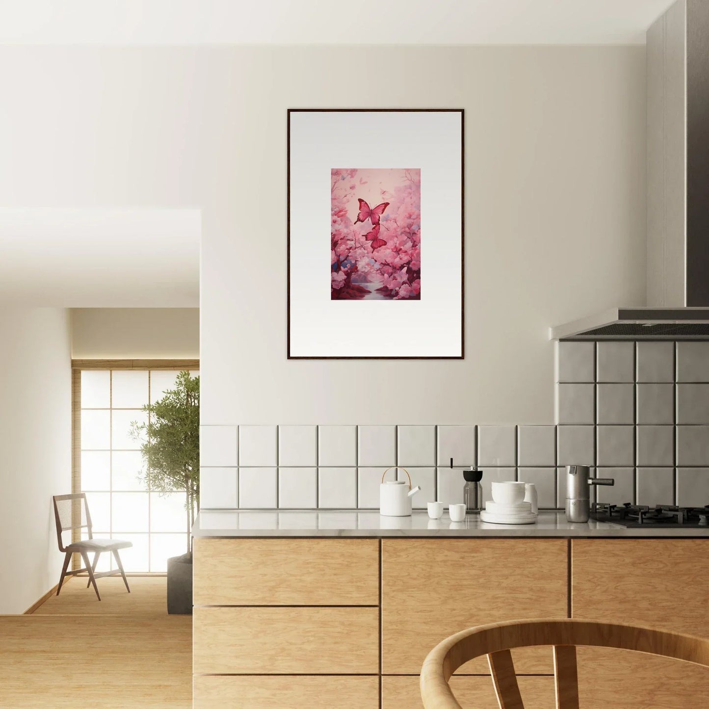 Framed canvas print of pink cherry blossoms and a butterfly for spring euphoria room decoration