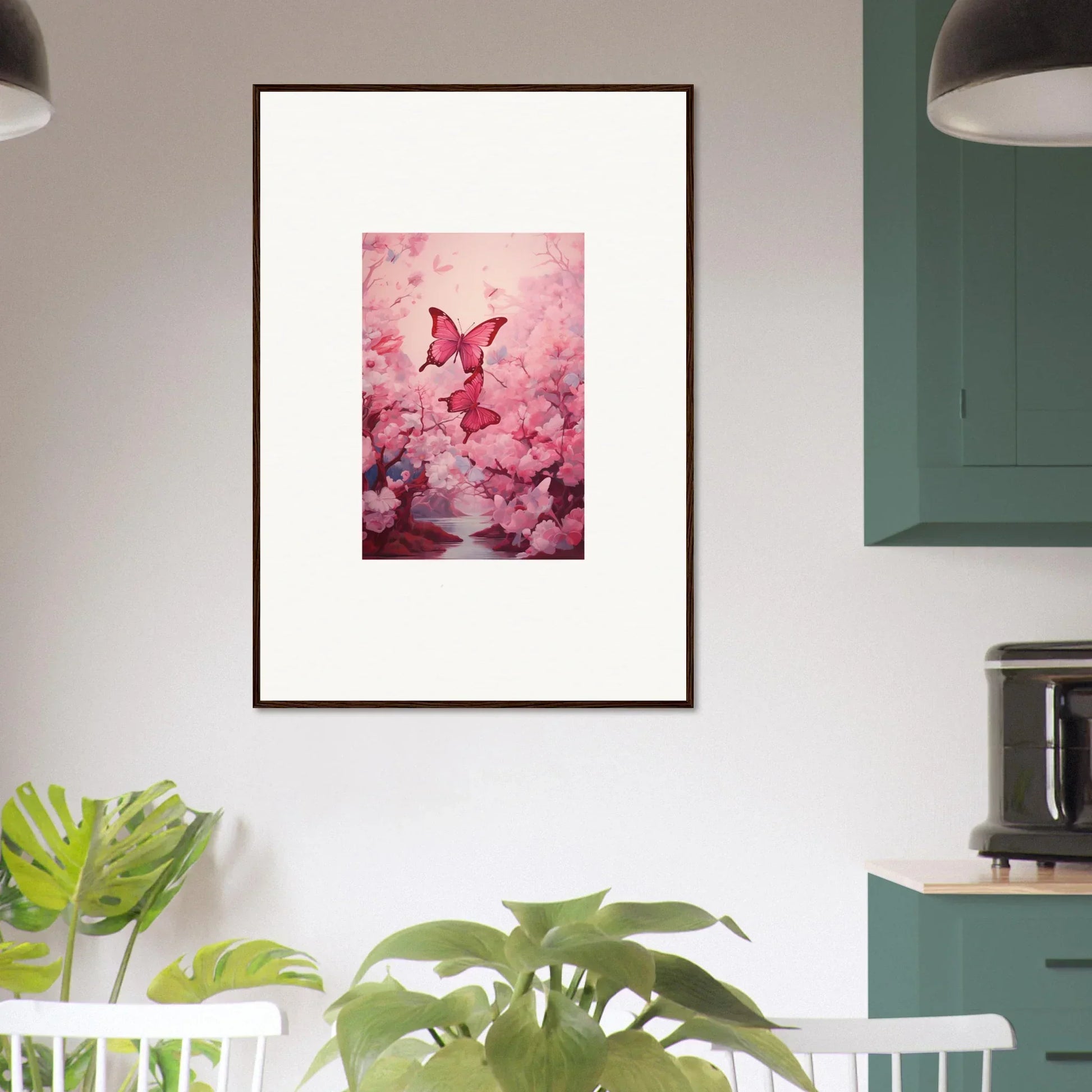 Framed canvas print of a pink butterfly in cherry blossoms for spring euphoria room decoration