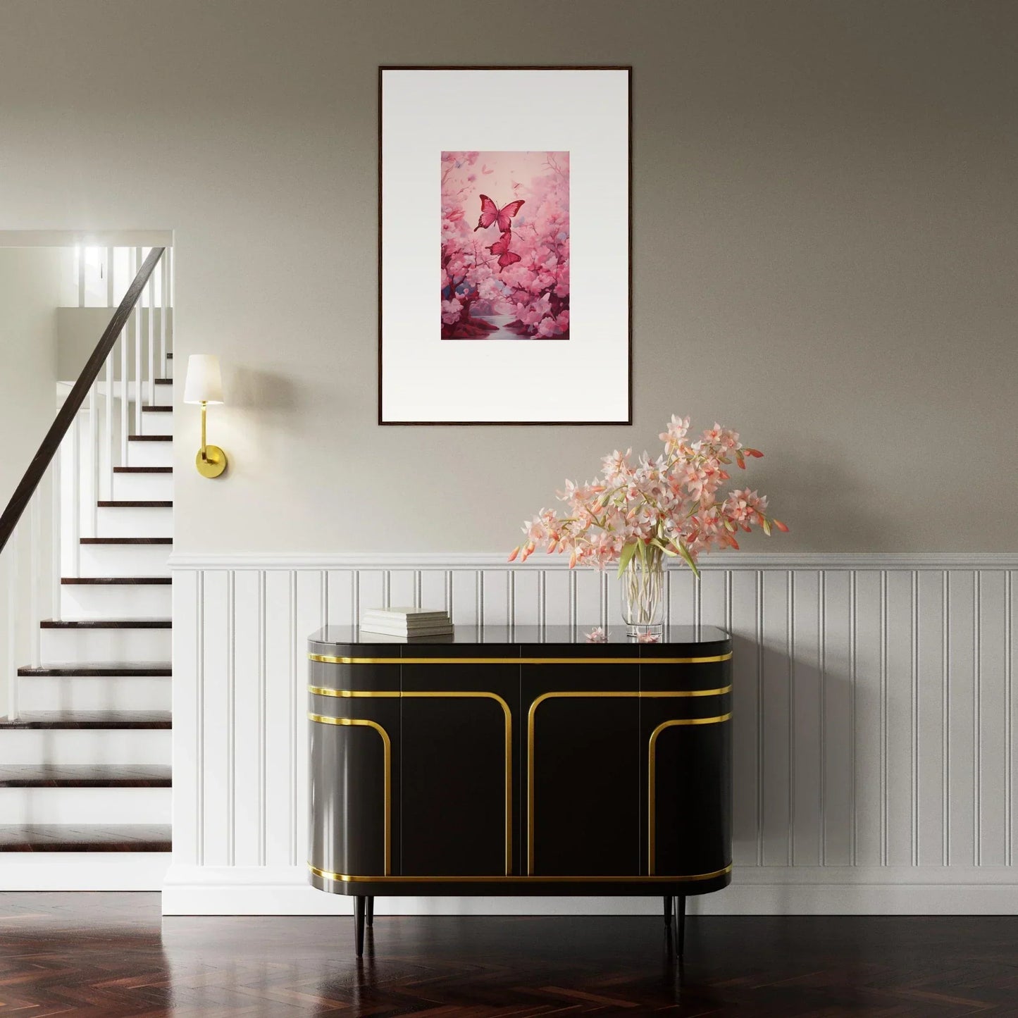 Framed canvas print of a pink butterfly for dreamy spring euphoria room decoration