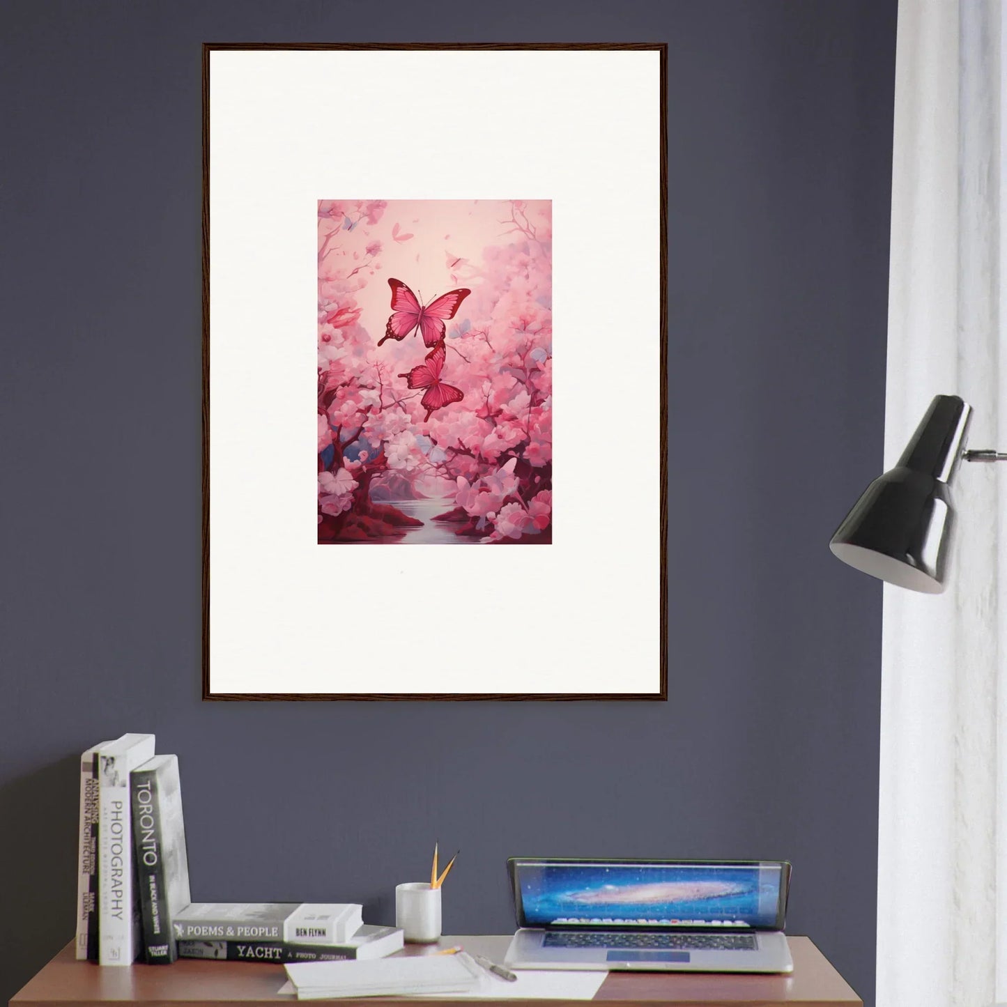 Framed pink butterfly artwork in cherry blossoms for spring euphoria room decoration