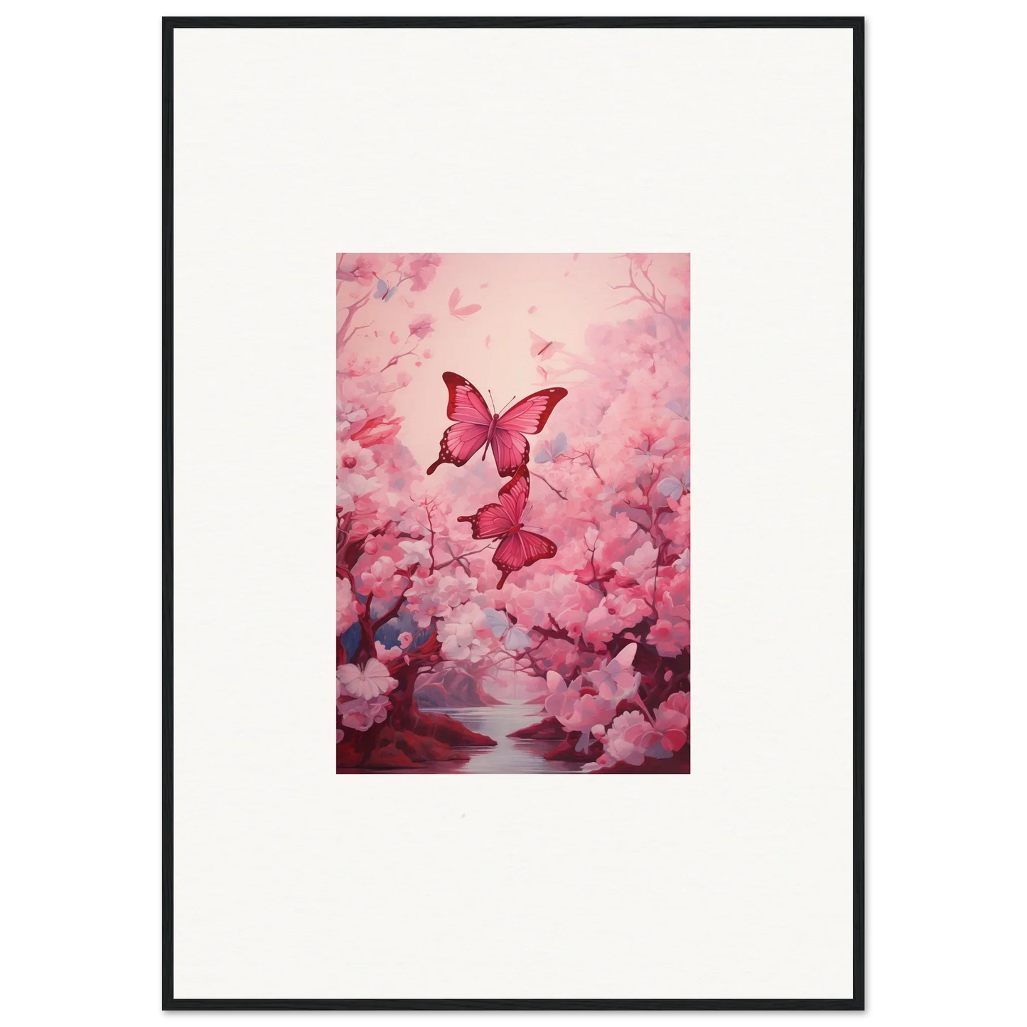 Framed canvas print of pink butterflies and cherry blossoms for spring euphoria room decoration