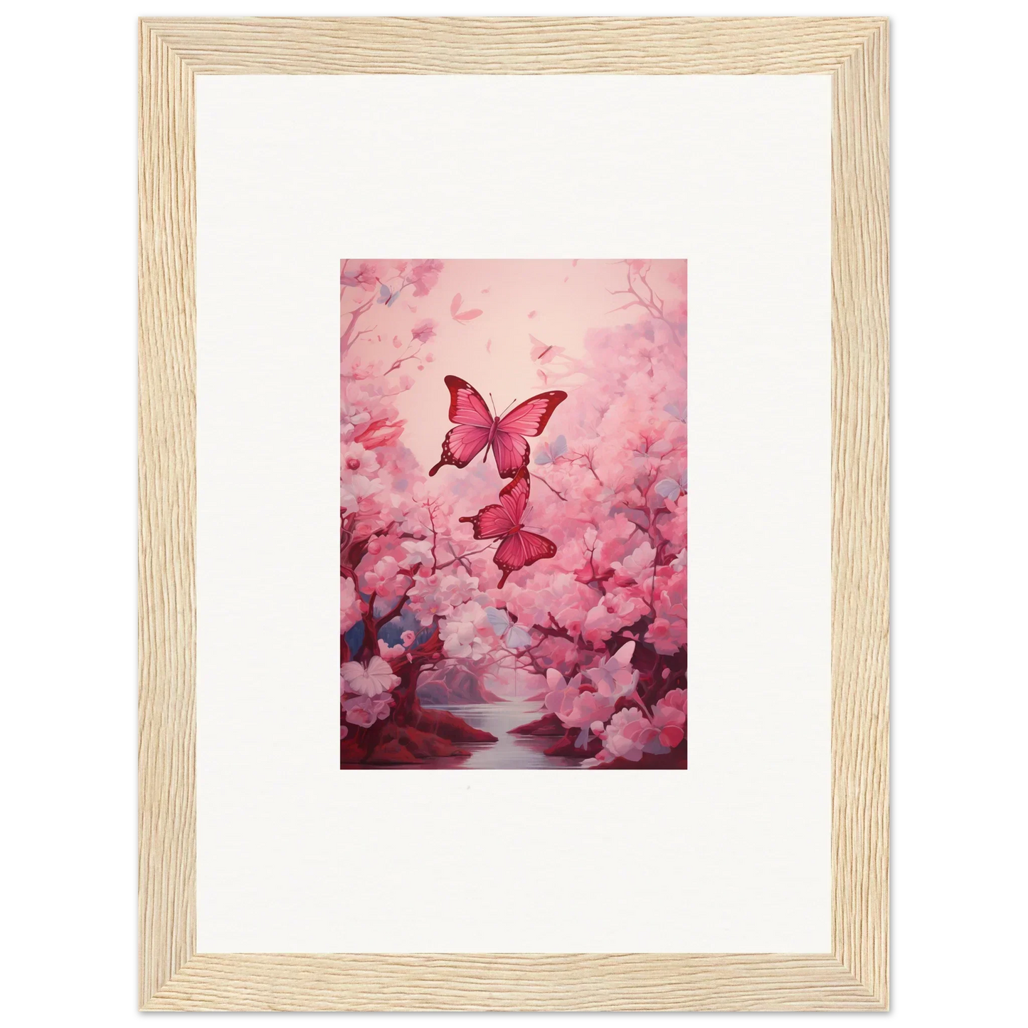 Framed canvas print of pink butterflies and cherry blossoms for spring euphoria room decoration