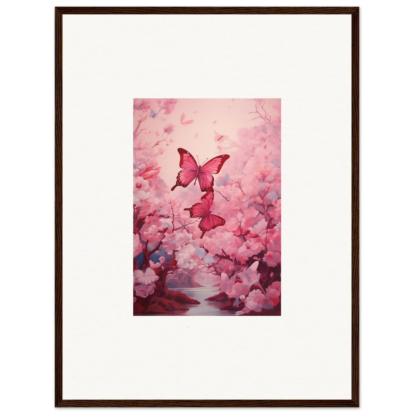 Framed canvas print of pink butterflies in cherry blossoms for spring euphoria room decoration