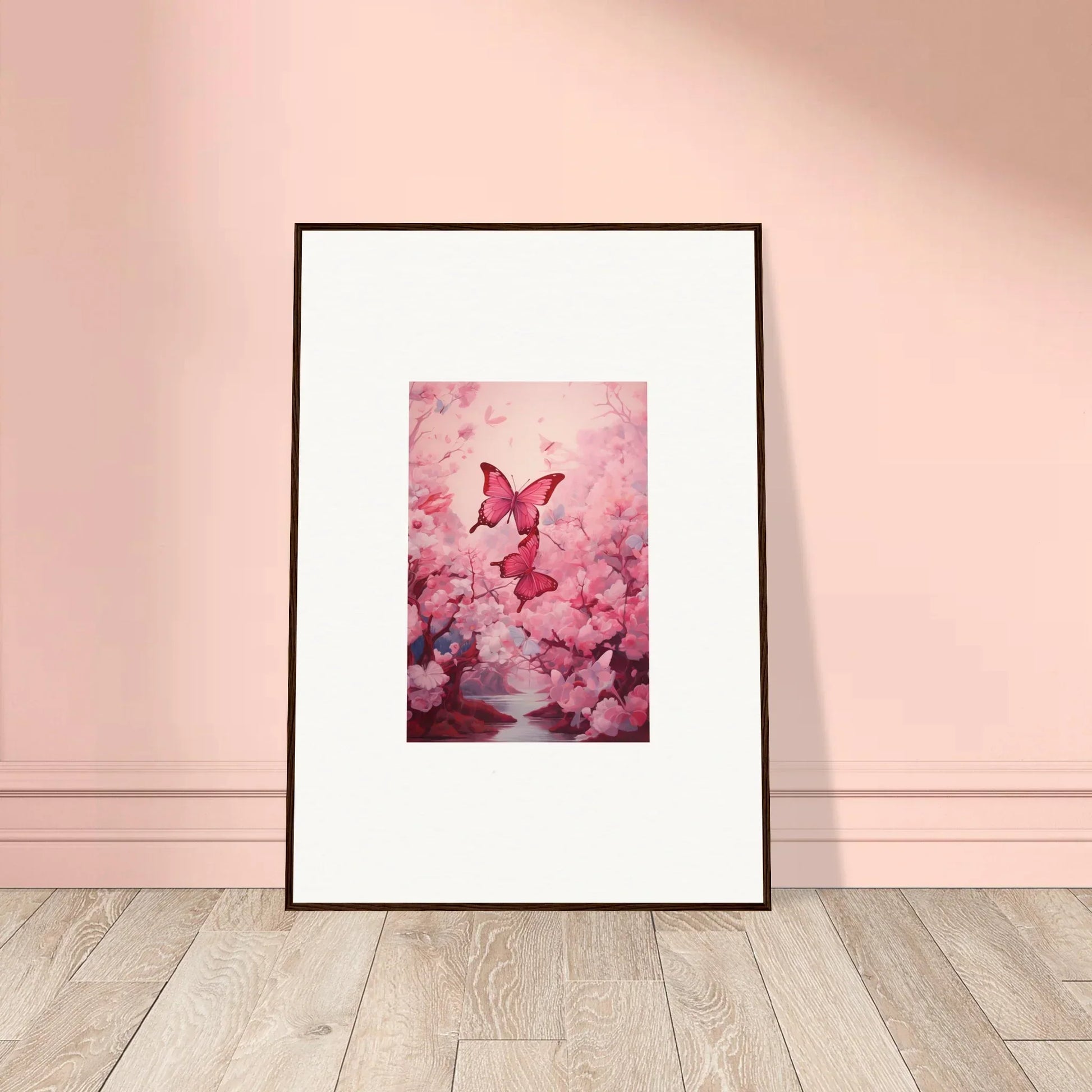 Framed canvas print of a pink butterfly in cherry blossoms for spring euphoria room decoration