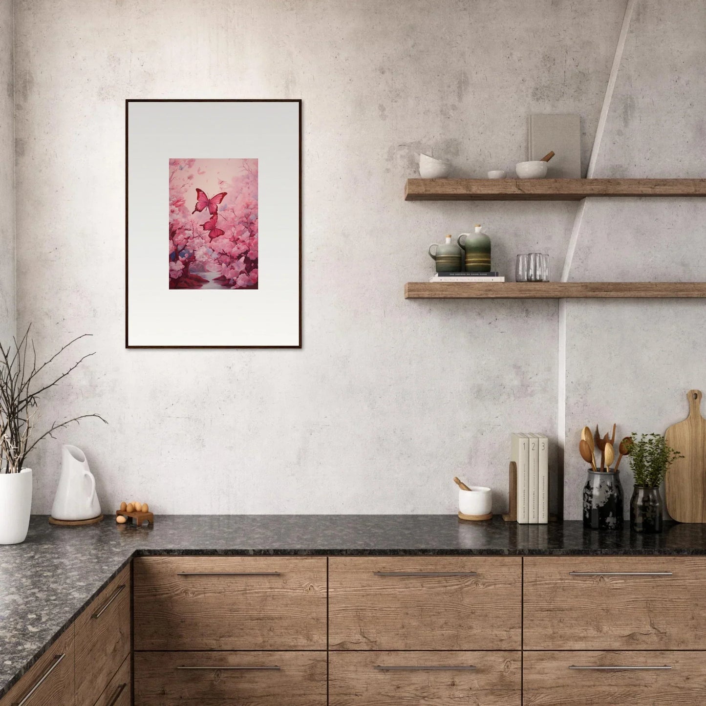 Cozy kitchen vibe with wooden cabinets and a butterfly canvas print for spring euphoria