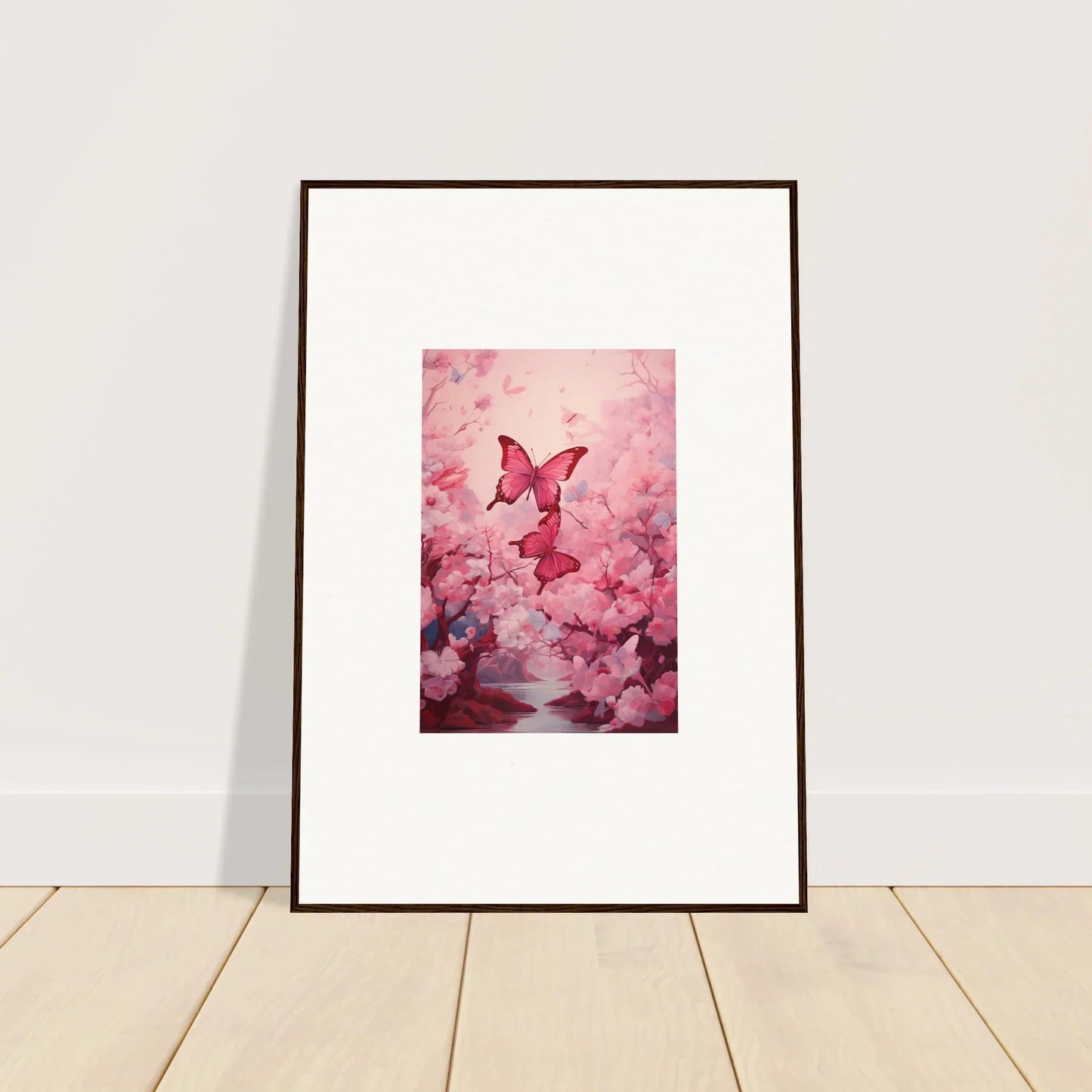 Framed canvas print of a pink butterfly and cherry blossoms for spring euphoria room decoration