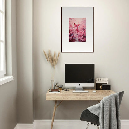 Framed artwork of a pink butterfly and flowers, perfect for spring euphoria room decoration