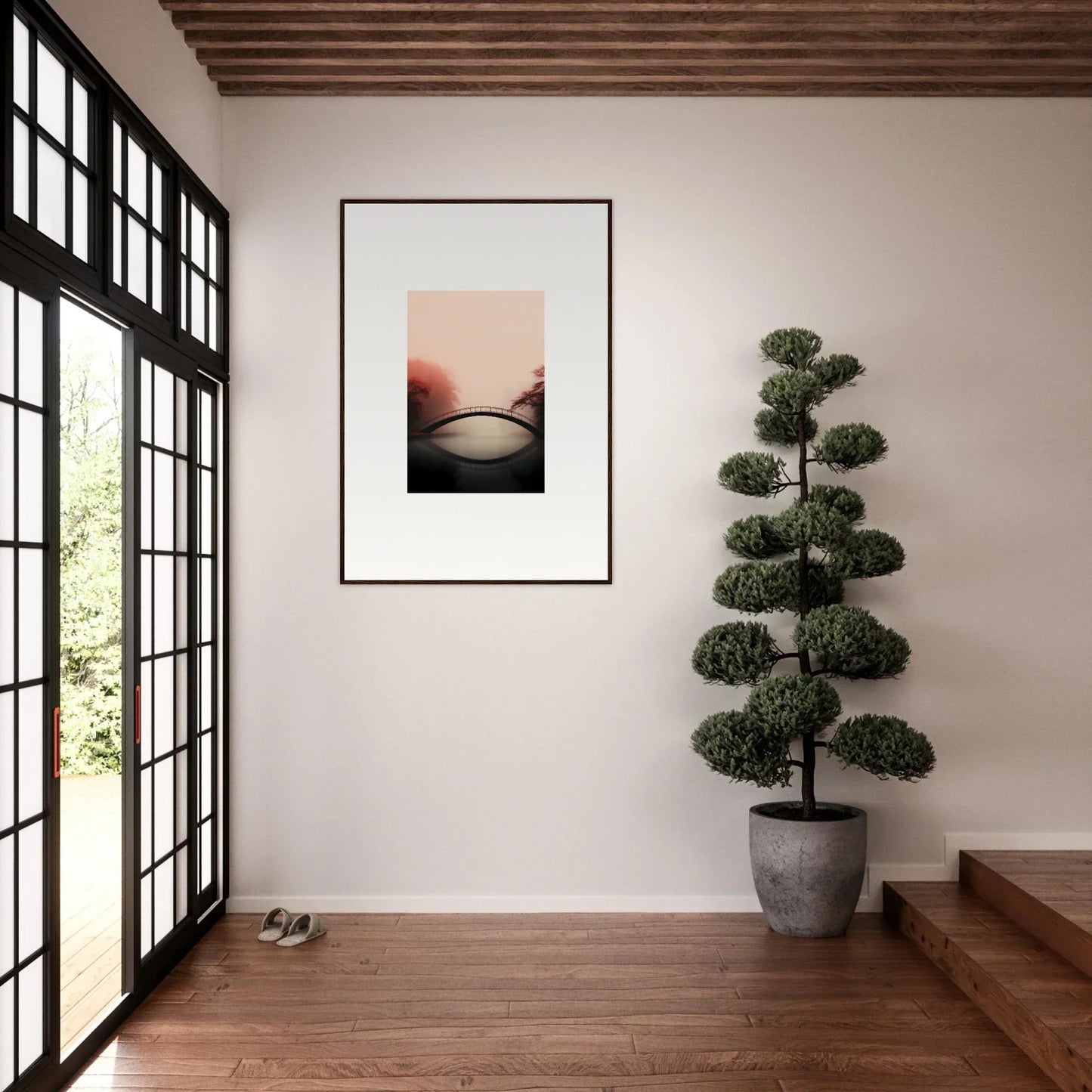 Framed wall art of a bridge silhouette at sunset for elegant room decor and reflections silence