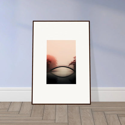 Framed wall art of a misty bridge at sunset for serene room decor in Reflections Silence