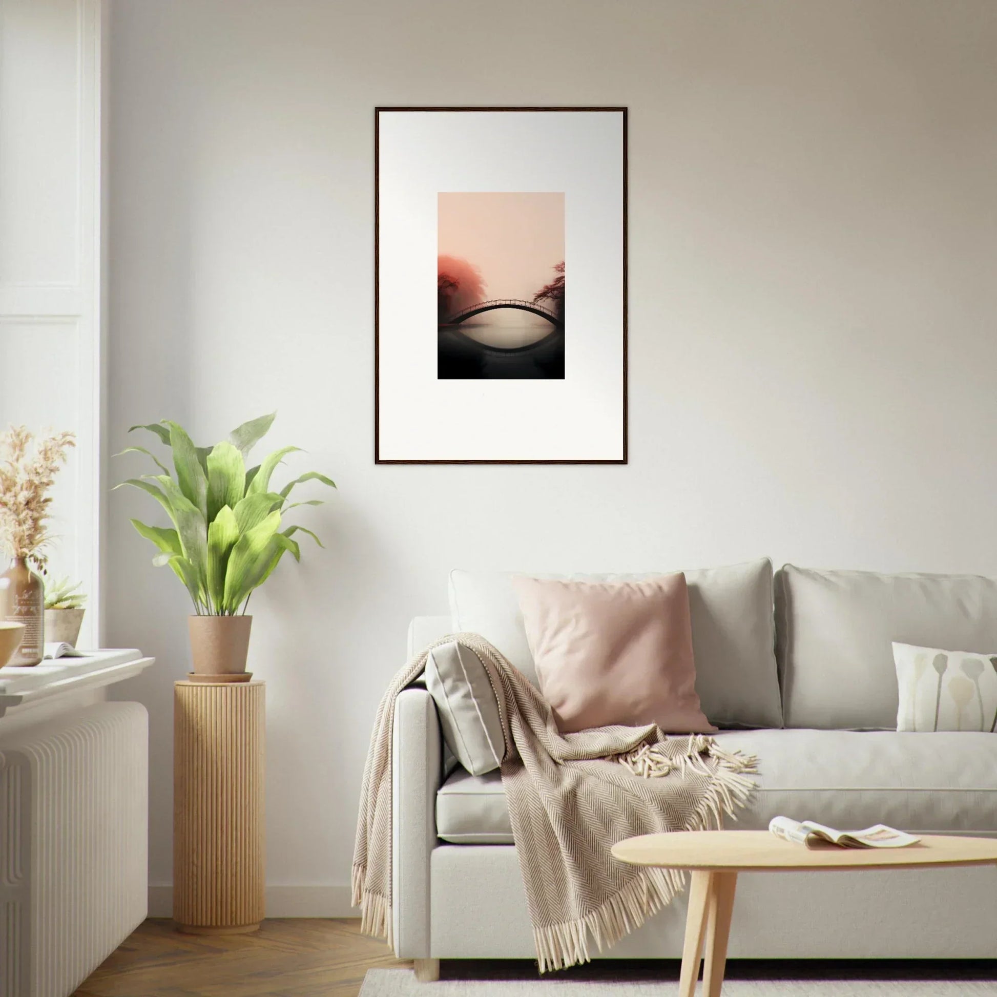 Framed wall art of a bridge silhouette at sunset for serene room decor reflections silence