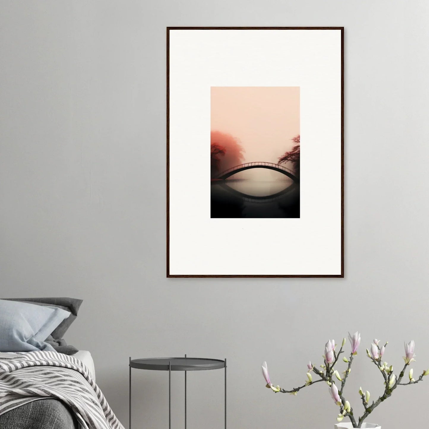 Framed wall art of minimalist landscape with arched bridge silhouette and reflections silence