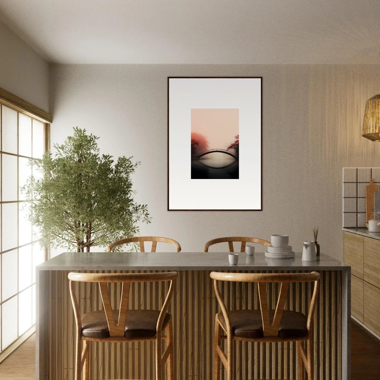 Dining table with wooden chairs in a minimalist room decor, reflections silence style